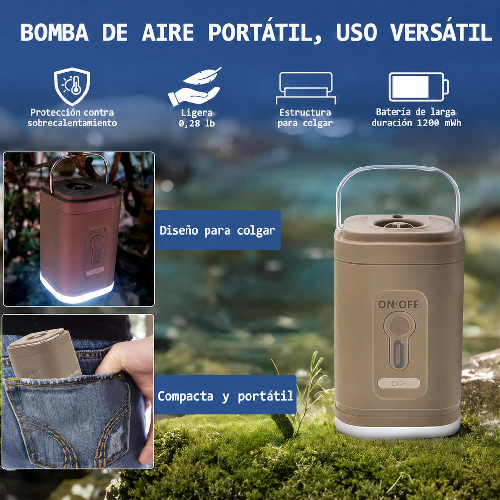 Mini Bomba de Aire Portátil Recargable 3 en 1 — Infla, Desinfla y Alumbra